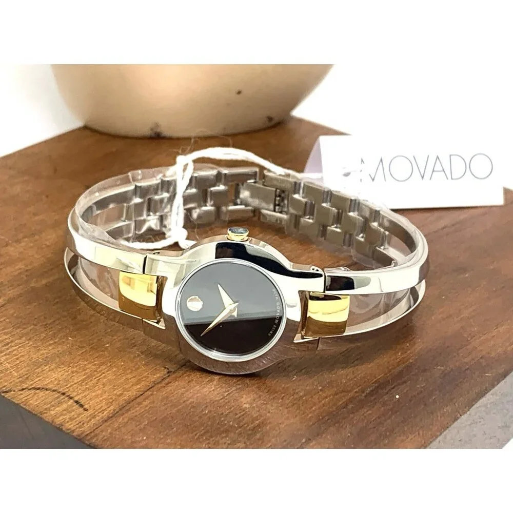 Movado Women's Watch 0606893 Amorosa Black Dial Swiss Quartz 24mm 2-Tone Bangle